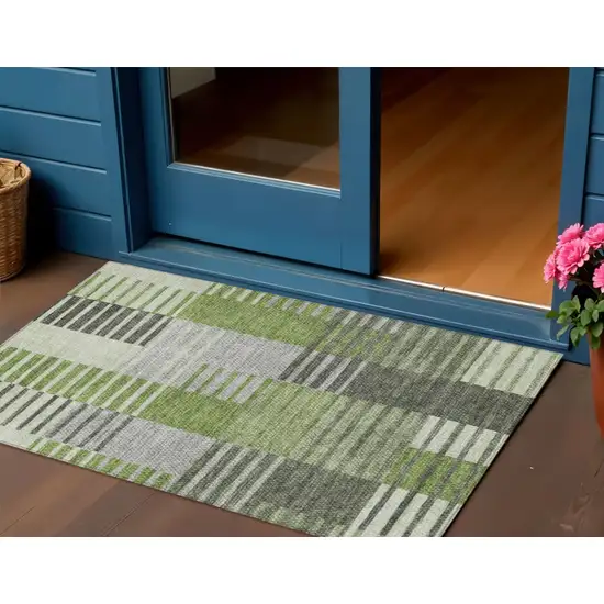 Green And Olive Green Striped Washable Indoor Outdoor Area Rug Photo 1