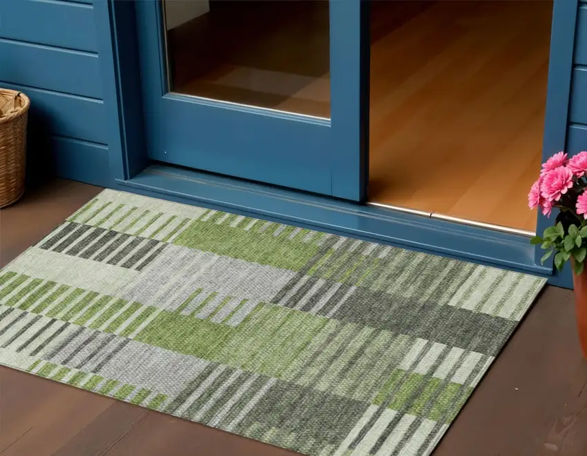 Green And Olive Green Striped Washable Indoor Outdoor Area Rug Photo 1