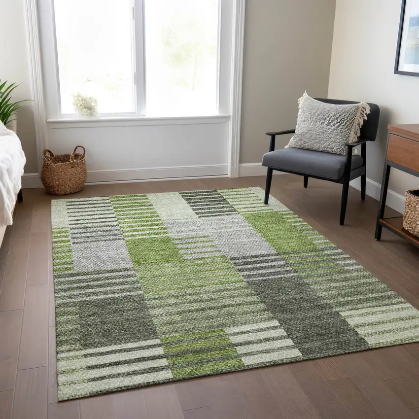 Green And Olive Green Striped Washable Indoor Outdoor Area Rug Photo 8