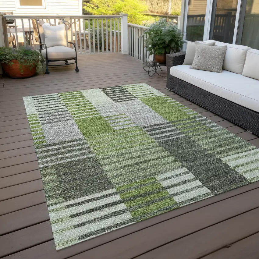 Green And Olive Green Striped Washable Indoor Outdoor Area Rug Photo 7