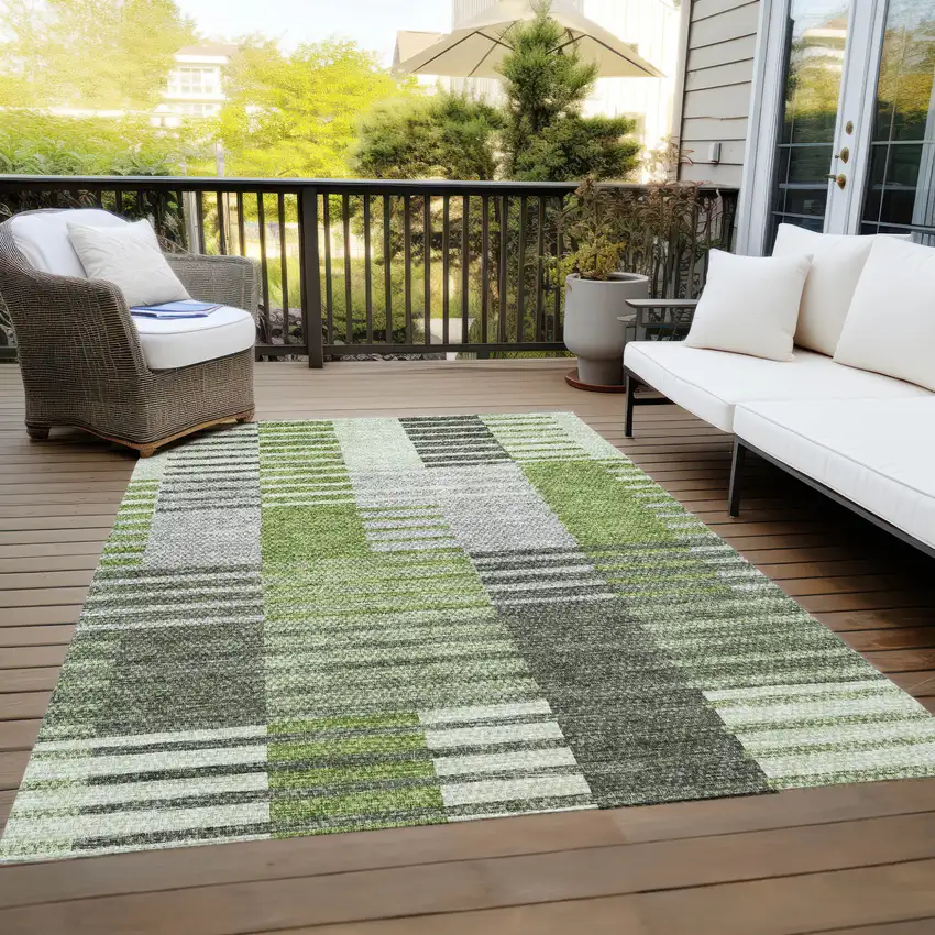 Green And Olive Green Striped Washable Indoor Outdoor Area Rug Photo 9