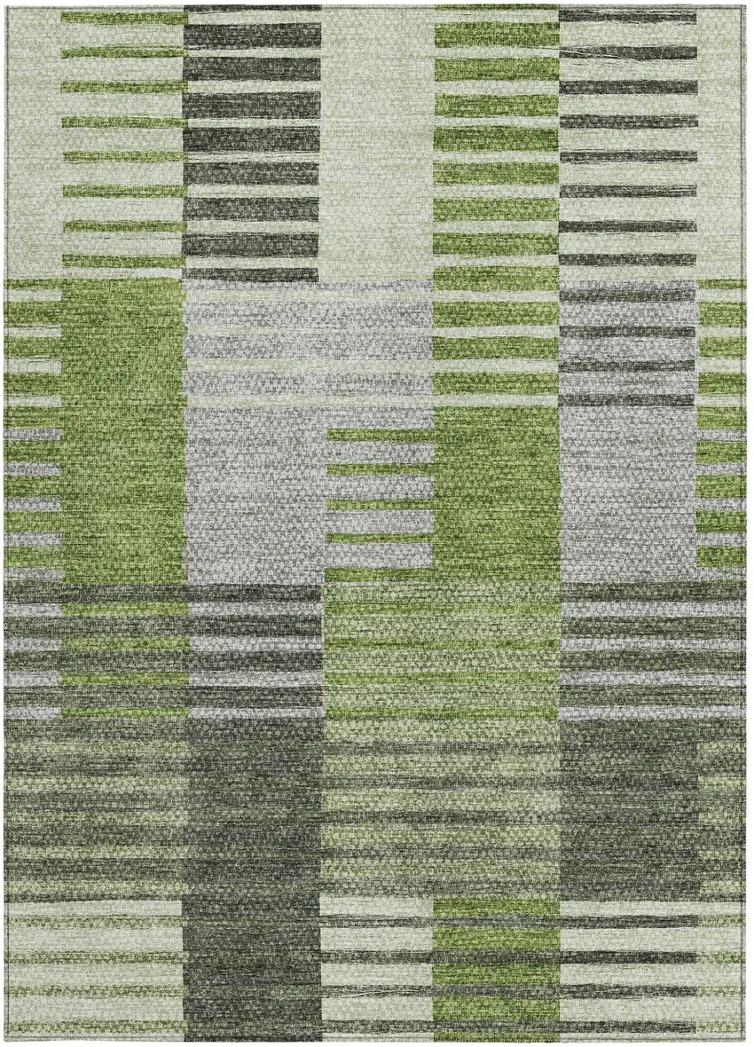 Green And Olive Green Striped Washable Indoor Outdoor Area Rug Photo 6