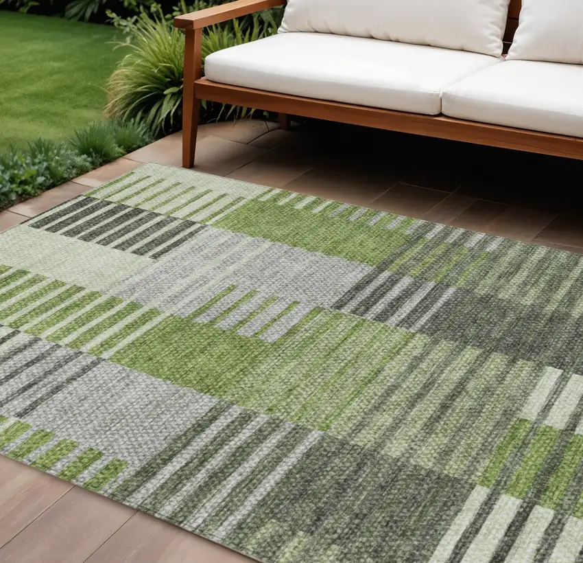 Green And Olive Green Striped Washable Indoor Outdoor Area Rug Photo 1