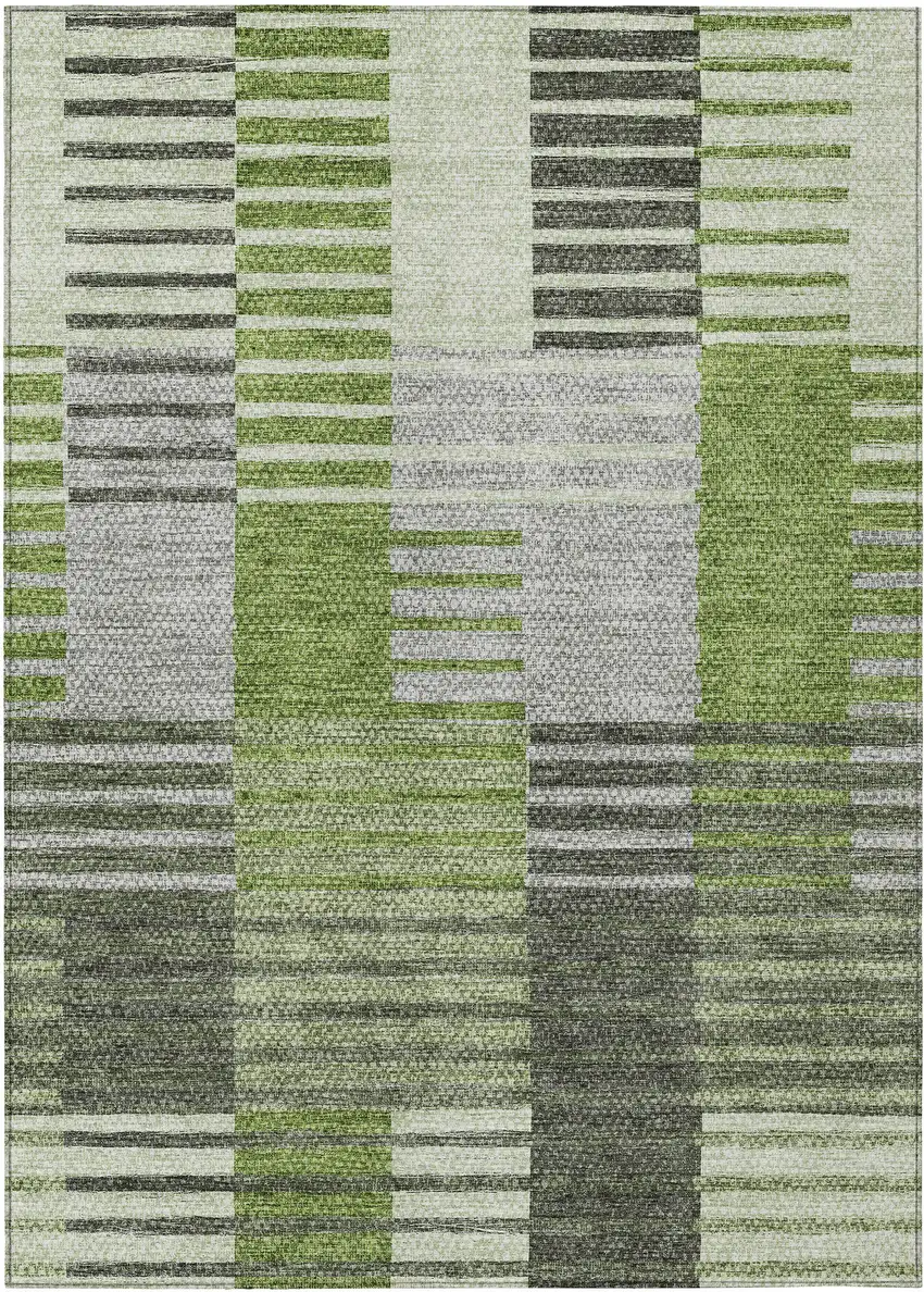 Green And Olive Green Striped Washable Indoor Outdoor Area Rug Photo 2