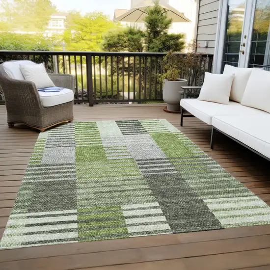 Green And Olive Green Striped Washable Indoor Outdoor Area Rug Photo 9