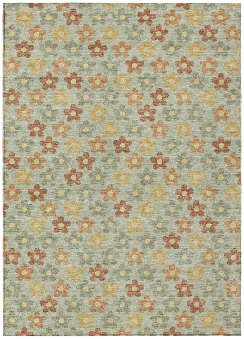 Green And Orange Floral Washable Indoor Outdoor Area Rug Photo 2