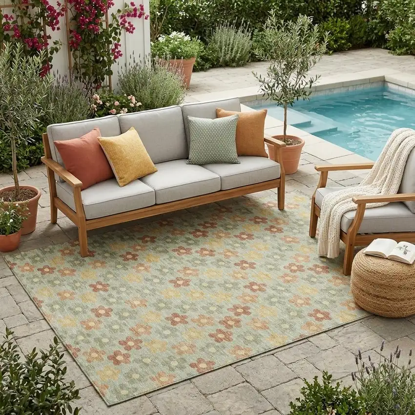 Green And Orange Floral Washable Indoor Outdoor Area Rug Photo 1