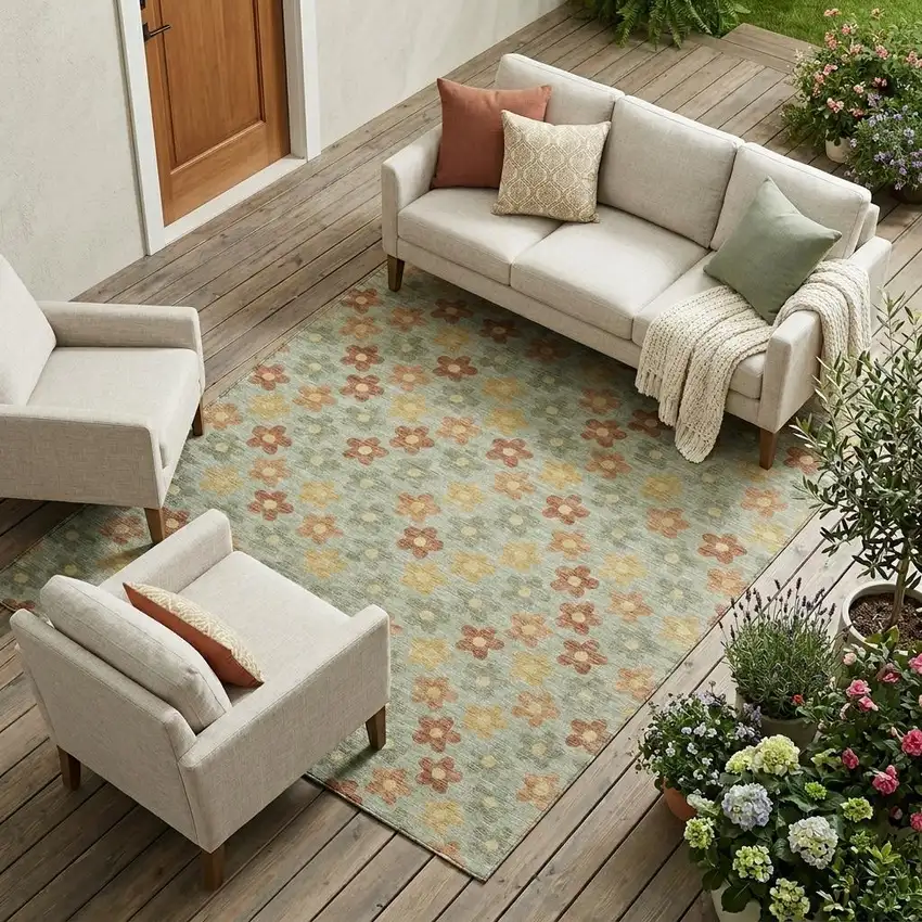 Green And Orange Floral Washable Indoor Outdoor Area Rug Photo 1