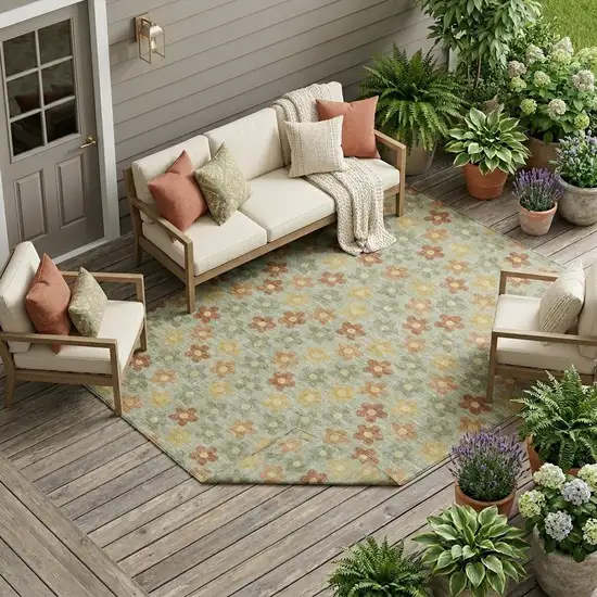 Green And Orange Floral Washable Indoor Outdoor Area Rug Photo 1