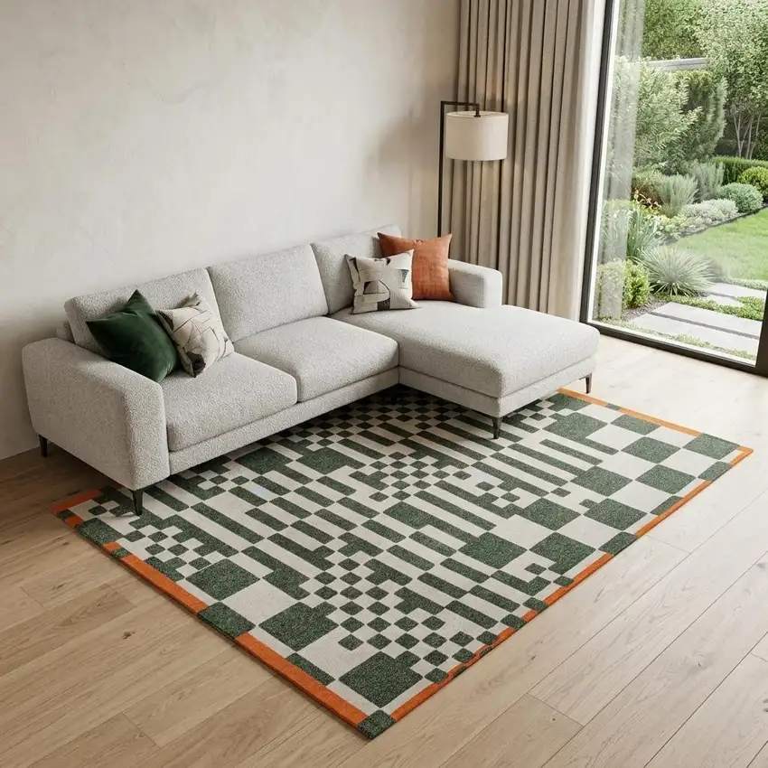 Green And Orange Geometric ,Washable, Area Rug Photo 1