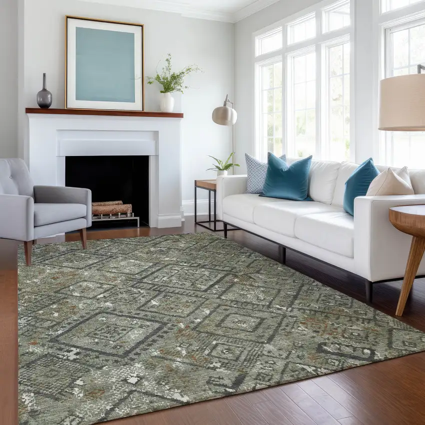 Green And Orange Geometric Washable Indoor Outdoor Area Rug Photo 6