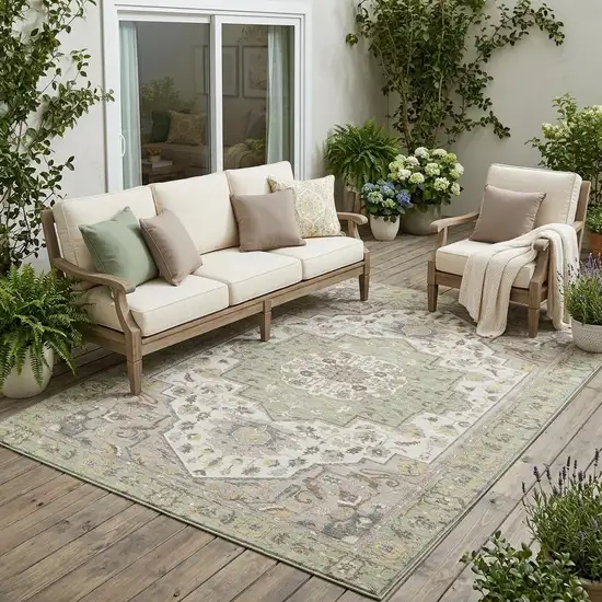 Green And Orange Oriental Washable Indoor Outdoor Area Rug Photo 1