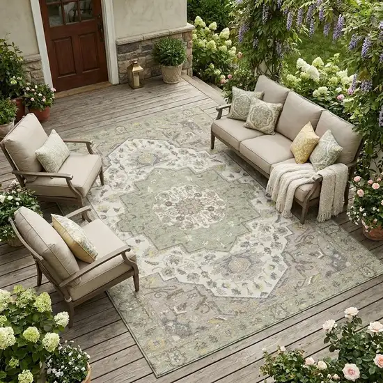 Green And Orange Oriental Washable Indoor Outdoor Area Rug Photo 1
