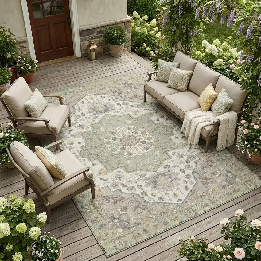 Green And Orange Oriental Washable Indoor Outdoor Area Rug Photo 1
