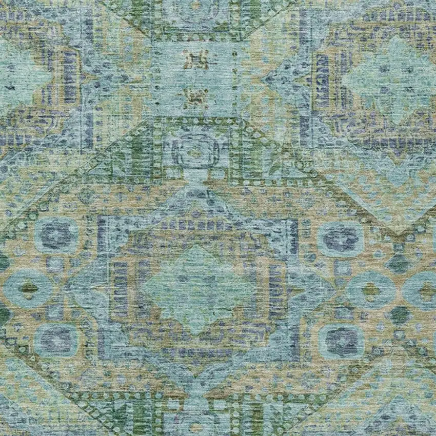 Green And Pale Aqua Moroccan Washable Indoor Outdoor Area Rug Photo 4