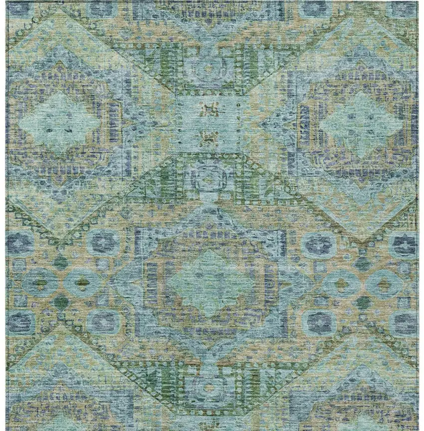 Green And Pale Aqua Moroccan Washable Indoor Outdoor Area Rug Photo 7