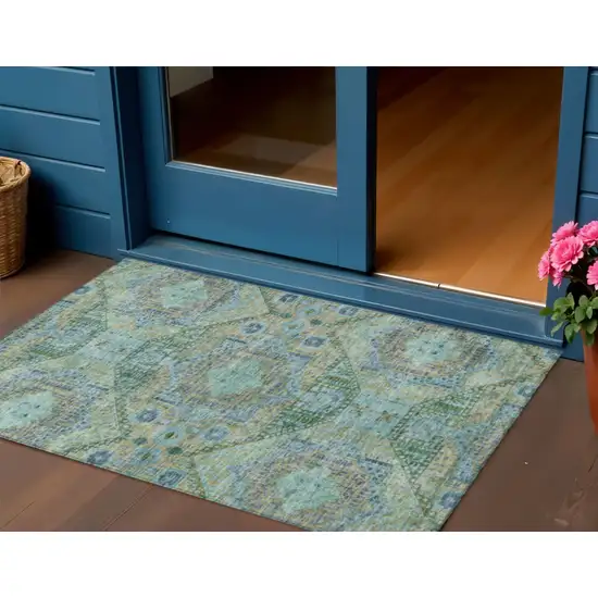Green And Pale Aqua Moroccan Washable Indoor Outdoor Area Rug Photo 2