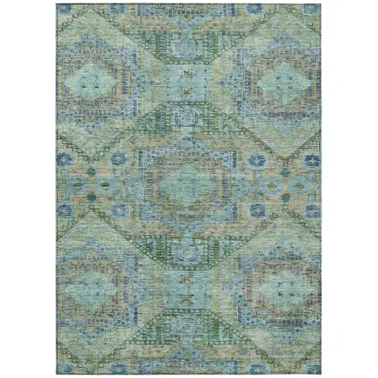 Green And Pale Aqua Moroccan Washable Indoor Outdoor Area Rug Photo 1