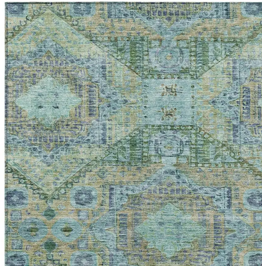 Green And Pale Aqua Moroccan Washable Indoor Outdoor Area Rug Photo 3