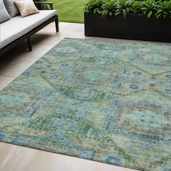 Green And Pale Aqua Moroccan Washable Indoor Outdoor Area Rug Photo 2
