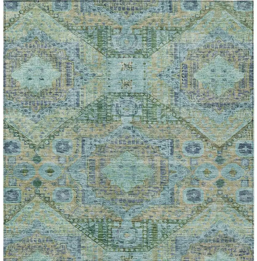Green And Pale Aqua Moroccan Washable Indoor Outdoor Area Rug Photo 4