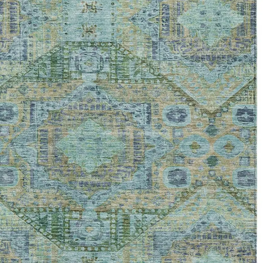Green And Pale Aqua Moroccan Washable Indoor Outdoor Area Rug Photo 4