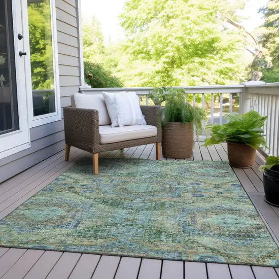 Green And Pale Aqua Moroccan Washable Indoor Outdoor Area Rug Photo 8