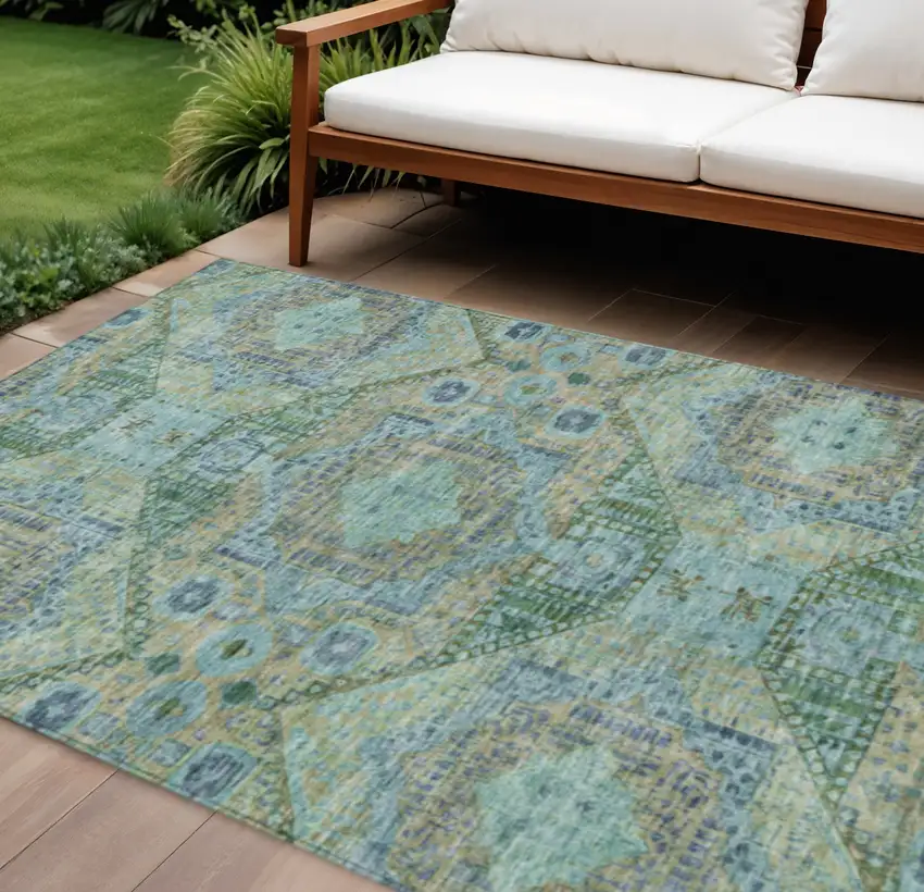 Green And Pale Aqua Moroccan Washable Indoor Outdoor Area Rug Photo 2