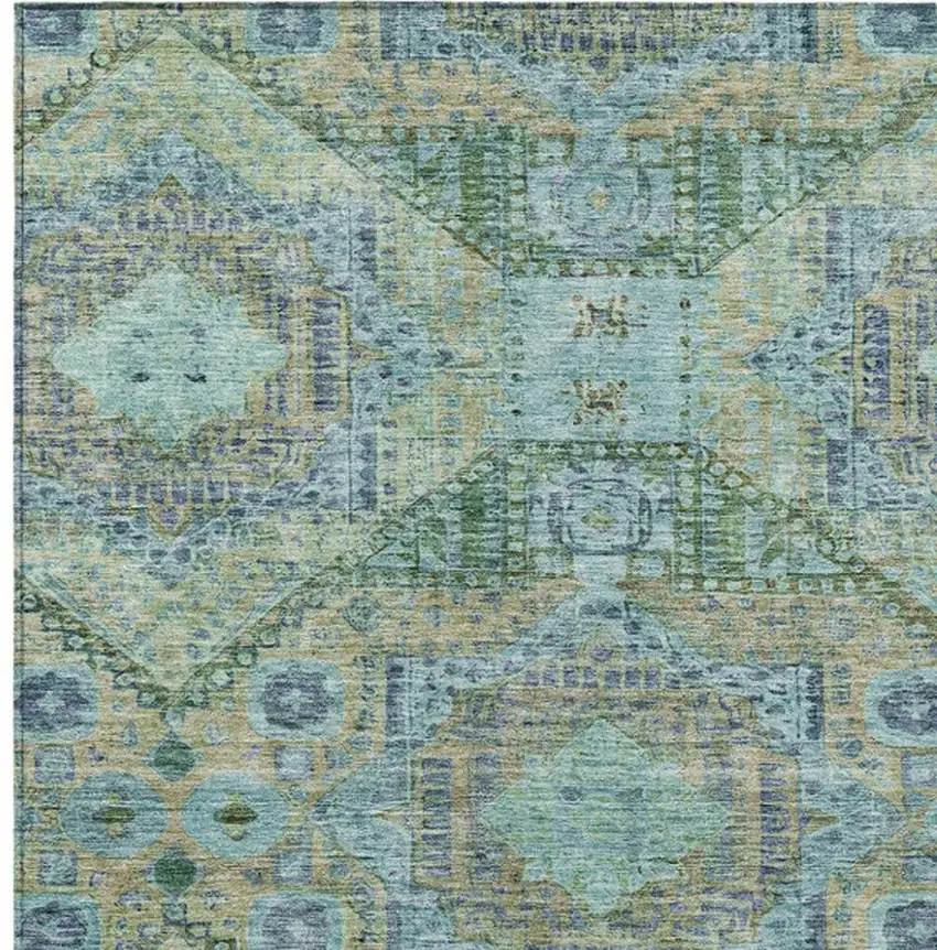 Green And Pale Aqua Moroccan Washable Indoor Outdoor Area Rug Photo 3