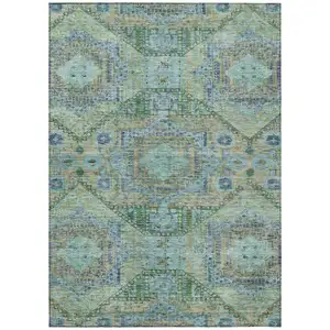 Photo of Green And Pale Aqua Moroccan Washable Indoor Outdoor Area Rug