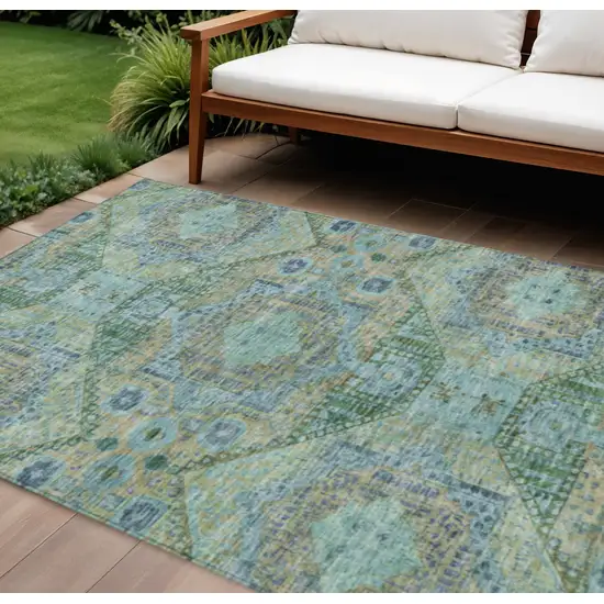 Green And Pale Aqua Moroccan Washable Indoor Outdoor Area Rug Photo 2
