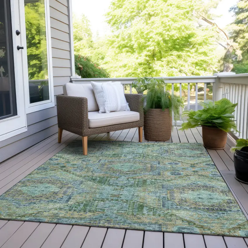Green And Pale Aqua Moroccan Washable Indoor Outdoor Area Rug Photo 8