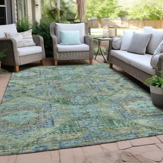 Green And Pale Aqua Moroccan Washable Indoor Outdoor Area Rug Photo 5
