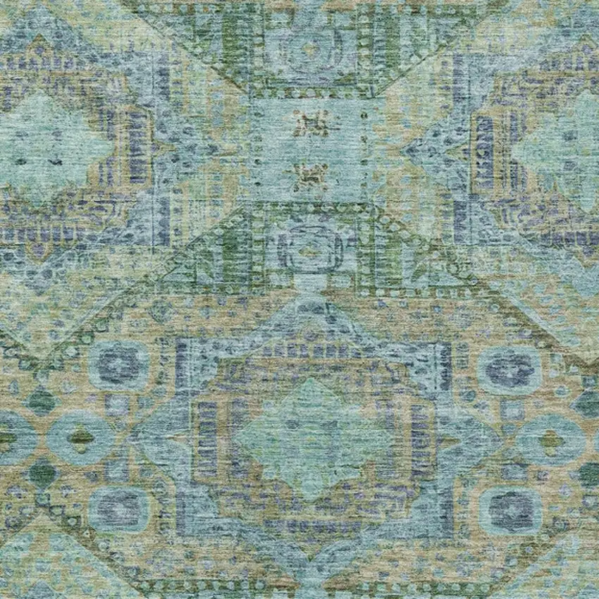 Green And Pale Aqua Moroccan Washable Indoor Outdoor Area Rug Photo 4