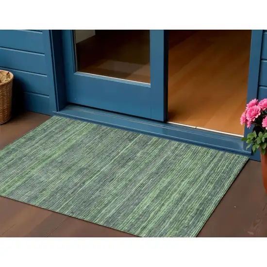 Green And Pale Aqua Striped Washable Indoor Outdoor Area Rug Photo 2