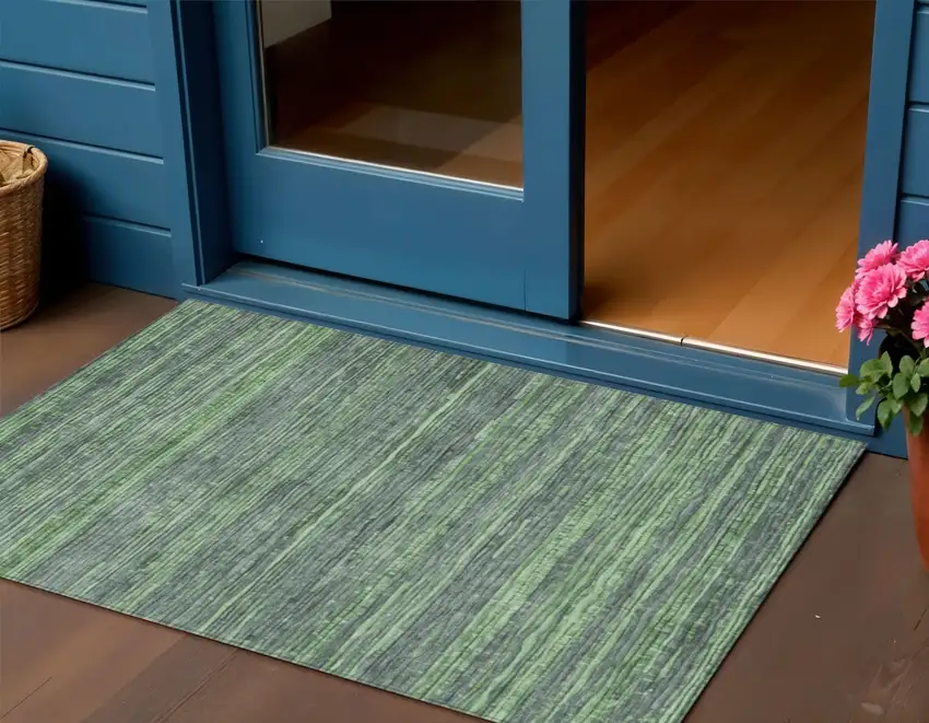 Green And Pale Aqua Striped Washable Indoor Outdoor Area Rug Photo 2