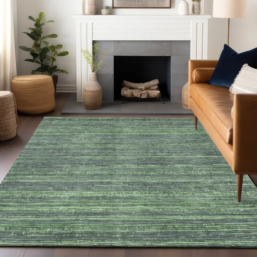 Green And Pale Aqua Striped Washable Indoor Outdoor Area Rug Photo 6