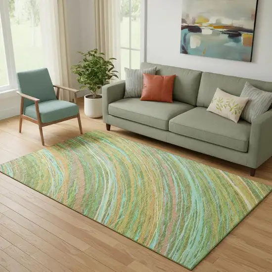 Green And Peach Abstract Washable Area Rug With UV Protection Photo 2