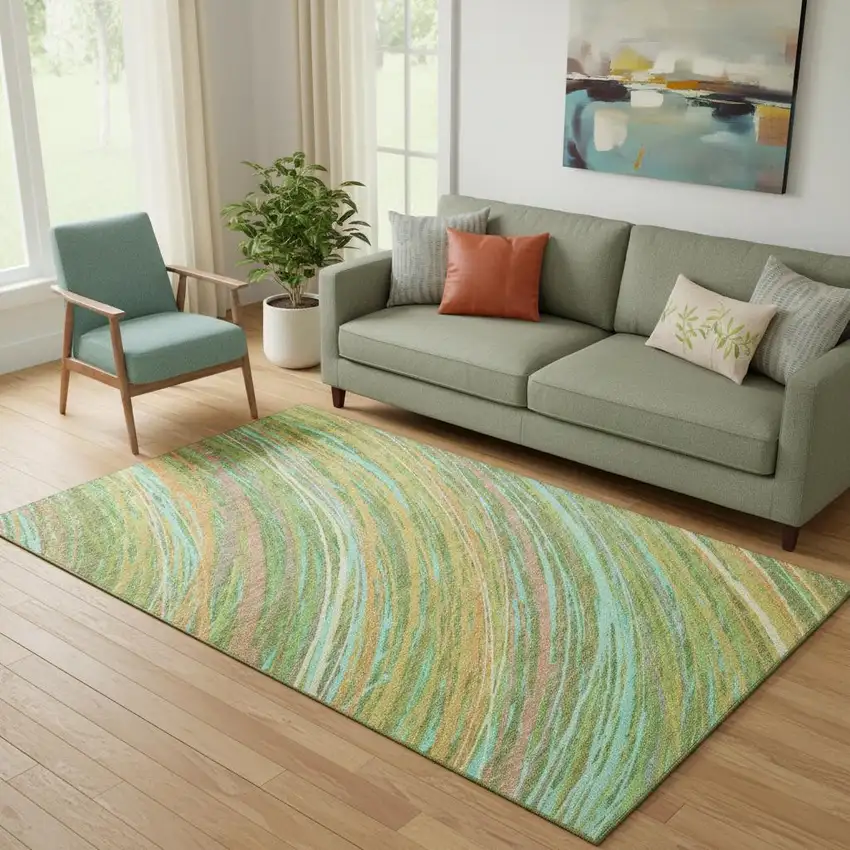 Green And Peach Abstract Washable Area Rug With UV Protection Photo 2