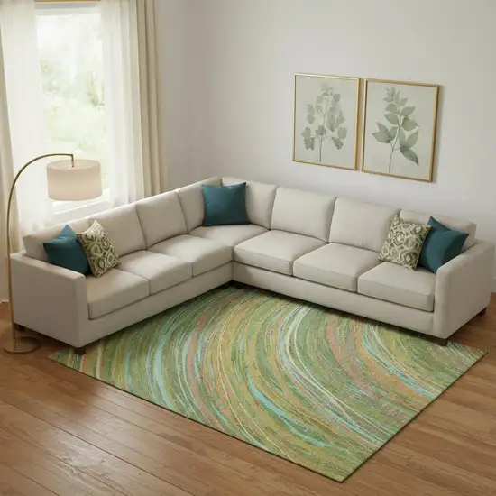 Green And Peach Abstract Washable Area Rug With UV Protection Photo 2