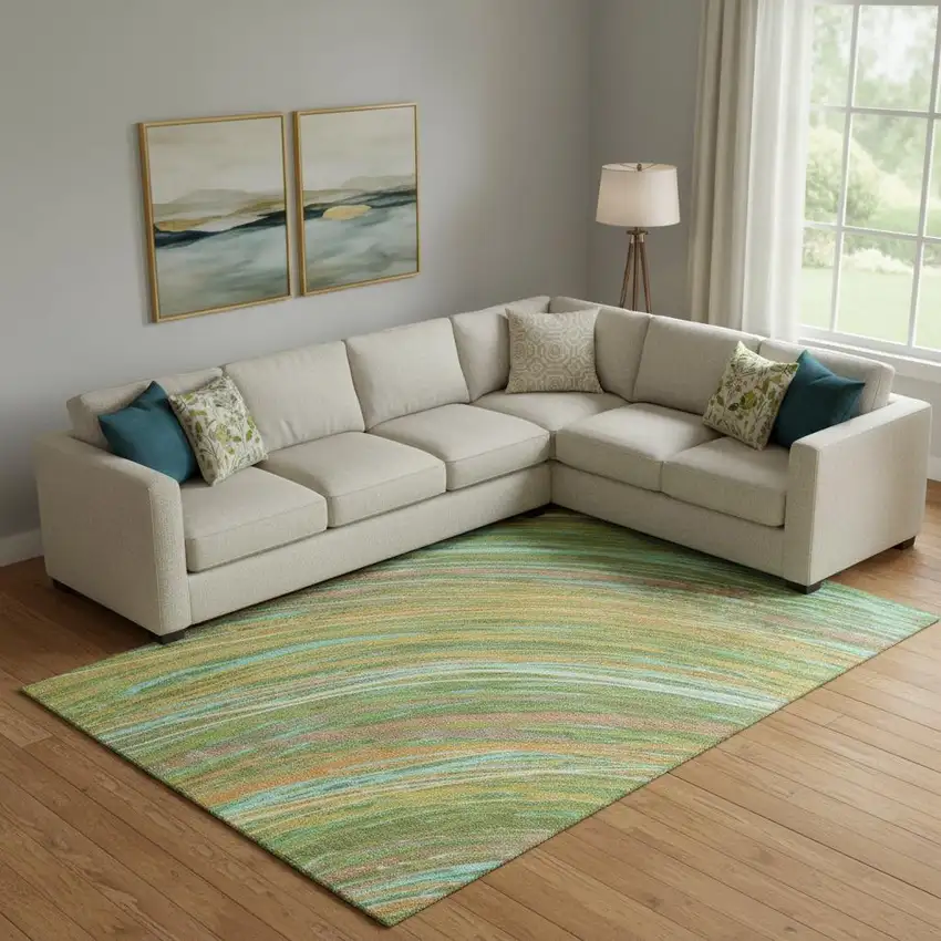 Green And Peach Abstract Washable Area Rug With UV Protection Photo 2