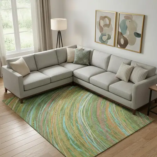 Green And Peach Abstract Washable Area Rug With UV Protection Photo 2