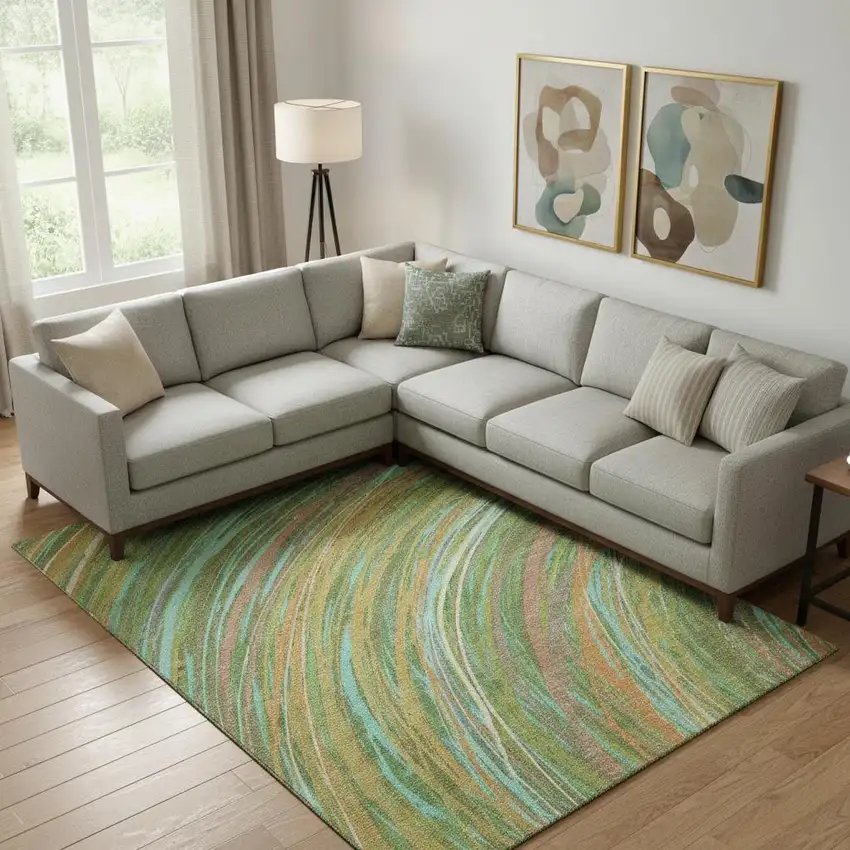 Green And Peach Abstract Washable Area Rug With UV Protection Photo 2