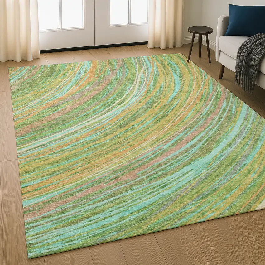 Green And Peach Abstract Washable Area Rug With UV Protection Photo 5