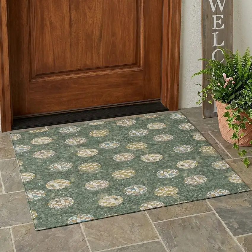 Green And Pearl Geometric Washable Indoor Outdoor Area Rug Photo 1