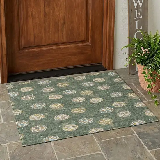 Green And Pearl Geometric Washable Indoor Outdoor Area Rug Photo 1