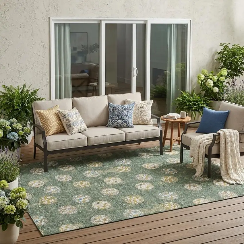 Green And Pearl Geometric Washable Indoor Outdoor Area Rug Photo 1