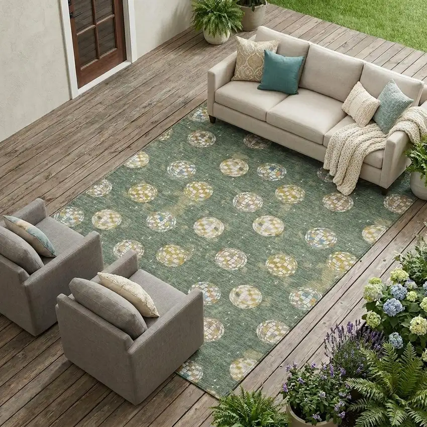 Green And Pearl Geometric Washable Indoor Outdoor Area Rug Photo 1