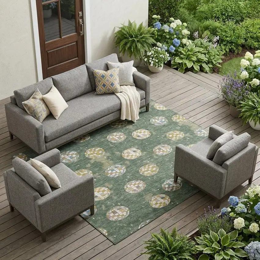 Green And Pearl Geometric Washable Indoor Outdoor Area Rug Photo 1