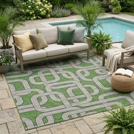Green And Pewter Geometric Washable Indoor Outdoor Area Rug Photo 1